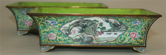 A pair of Chinese Canton enamel rectangular planters, mid 19th century, 19.5cm